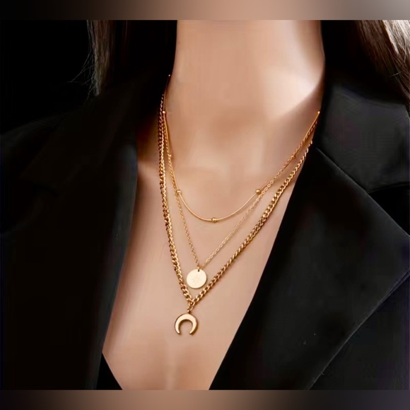 NWT Stainless Steel Geometry Star Moon Pendant Multi Layer Necklace - Picture 2 of 5